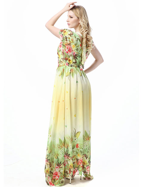 Chiffon Short-Sleeved Swing Dress with flowers Print